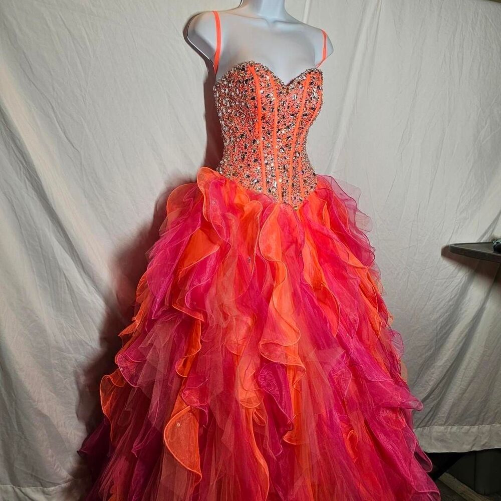 bright neon orange pink poofy quinceanera strapless jewelled dress gown